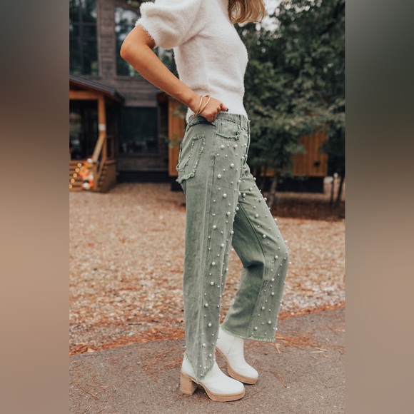 POL Pearl Beaded Distressed Raw Hem Straight Leg Denim Sage Green - Picture 8 of 9